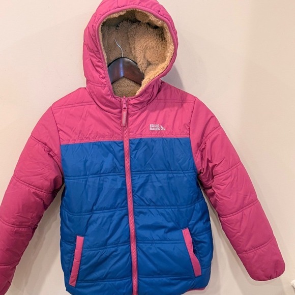 Eddie Bauer Other - Eddie Bauer Kids Reversible Puffer Jacket Pink Blue Fleece Lined Hooded M 10/12